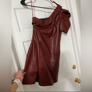Red leather one shoulder dress